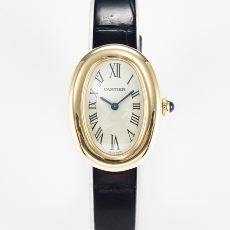 Cartier Baignoire Ladies 31mm Yellow Gold Black Leather White Dial Replica Super Clone Watch