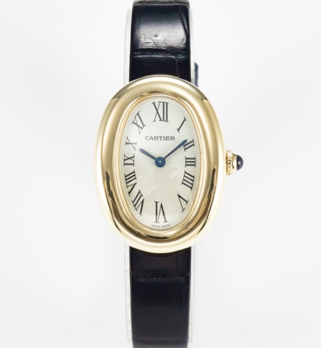 Cartier Baignoire Ladies 31mm Yellow Gold Black Leather White Dial Replica Super Clone Watch