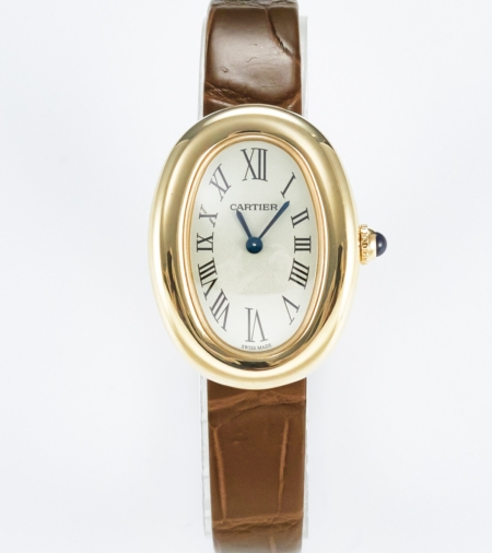 Cartier Baignoire Ladies 31mm Yellow Gold Brown Leather White Dial Replica Super Clone