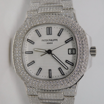 Patek Philippe Nautilus 5711 40mm Diamond Paved Bezel and Bracelet White Dial Replica Super Clone Watch