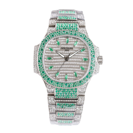 Patek Philippe Nautilus 7118 Diamond Paved with Green Diamond Stick Markers Replica Super Clone Watch