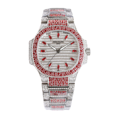 Patek Philippe Nautilus 7118 Diamond Paved with Red Diamond Stick Markers Replica Super Clone Watch