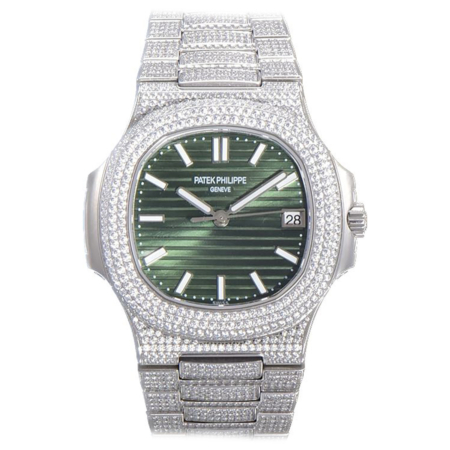 Patek Philippe Nautilus Jumbo 5711 Diamond Paved ICED OUT Green Dial with White Stick Markers Replica Super Clone Watch