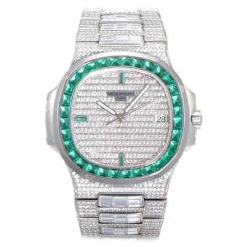 Patek Philippe Nautilus Jumbo 5711 Diamond Paved ICED OUT with Green Diamond Bezel Replica Super Clone Watch