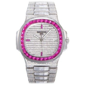 Patek Philippe Nautilus Jumbo 5711 Diamond Paved ICED OUT with Pink Diamond Bezel Replica Super Clone Watch