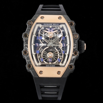 Richard Mille - RM21 01 Tourbillon Rose Gold Skeleton Dial Black Rubber Strap Replica Super Clone Watch