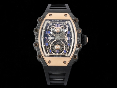 Richard Mille - RM21 01 Tourbillon Rose Gold Skeleton Dial Black Rubber Strap Replica Super Clone Watch